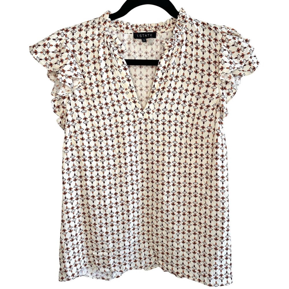 1.STATE Flutter Sleeve Smocked Ruffle Neck Blouse S Cream Boho Career Cottage